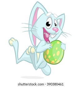 Easter bunny jumping with colored egg. Vector illustration of a blue bunny jumping with Easter colored egg