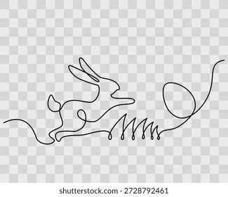 Osterhase springen auf dem Rasen und Osterei Eine durchgehende Linie Ostern Urlaub Minimalistisches Design. Isolierte Vektorgrafik Grußworte Thematische Karten Einladung Promo Banner, Prospekte, Medienpost