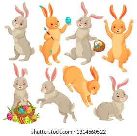 Easter bunny. Jumping rabbit, dancing funny bunnies animals and rabbits easters eggs. Holiday pets, easter hare mascot with egg. Vector cartoon illustration isolated icons set