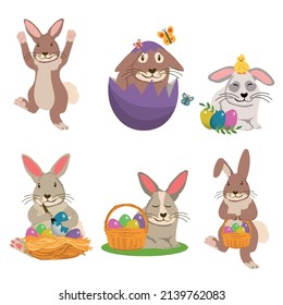 Easter bunny. Jumping rabbit, dancing funny bunnies animals and rabbits easters eggs. Holiday pets, easter hare mascot with egg. cartoon illustration isolated icons set