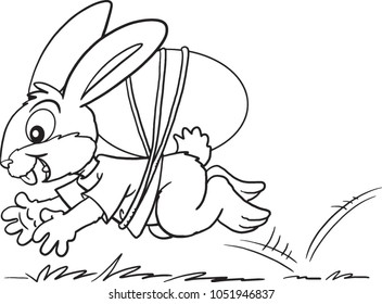 Easter Bunny jumps and collects Easter eggs. Vector illustration. Greeting card