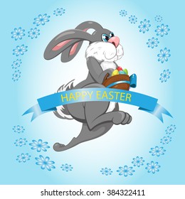 Easter Bunny jumps and collects Easter eggs. Vector illustration.  Greeting card