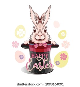 The Easter bunny jumps out of the magician's top hat against the background of Easter eggs and flowers. Easter illustration for circus, cartoon bunny, surprise card, congratulation, banner for Easter.