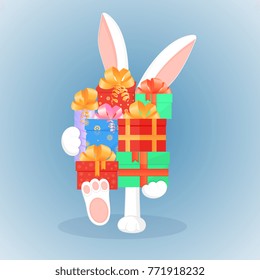 Easter bunny keeps a big mountain of gifts. The concept of the sale for Christmas, New Year, Boxing day.
