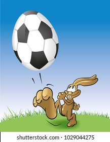 Easter bunny kicks egg-shaped soccer ball