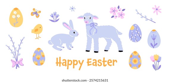 Easter Bunny, Lamb, and Eggs with Spring Floral Decor. Cute Easter Animals.