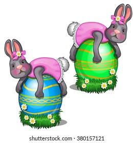 The Easter Bunny lays colored eggs. Sample greeting cards, humorous poster, invitations to a party. Vector illustration.