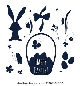 Easter bunny and lettering isolated on white background. The symbol of the Easter. Silhouette with greeting quote. . Vector illustration. Happy Easter greeting card.