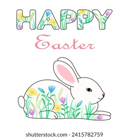 Conejo de Pascua y letras con patrón de flores pradera de primavera, tarjeta de saludo, elementos de diseño decorativo, ilustración vectorial. 