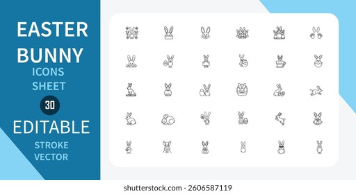 Easter Bunny line icons set. Includes bunnies with eggs, carrots, baskets, and other Easter themes. Outline vector icon in linear style. Editable stroke. Vector illustration.