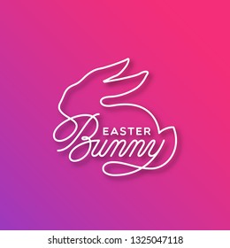 Easter Bunny line lettering with sitting bunny silhouette for greeting card, invitation, poster, banner template. Vector illustration.