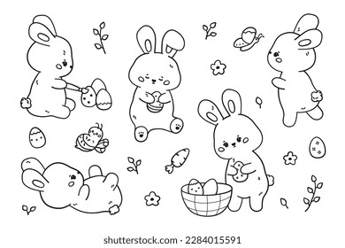 Easter bunny in linear and kawaii style. Vector collection of outline rabbits in different poses with eggs, bee and butterfly. Coloring book