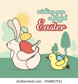 Easter Bunny And Little Duck In Yoga Pose Holding Colored Eggs. Easter Holiday Symbol For Greeting Card, Sticker And Home Decoration Items.