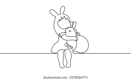 Easter Bunny and Little Girl Sitting Together Continuous Line Drawing. Cute Fluffy Rabbit and Girl Single Line Art Drawing Black Sketch Isolated on White Background. Vector Illustration. Not AI