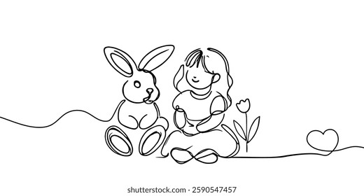 Easter Bunny and Little Girl Sitting Together Continuous Line Drawing. Cute Fluffy Rabbit and Girl Single Line Art Drawing Black Sketch Isolated on White Background. Vector Illustration.