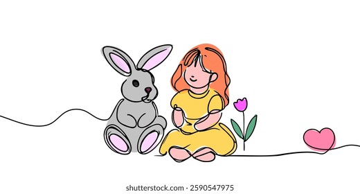 Easter Bunny and Little Girl Sitting Together Continuous Line Drawing. Cute Fluffy Rabbit and Girl Single Line Art Drawing Black Sketch Isolated on White Background. Vector Illustration.