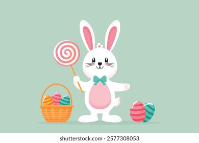 Easter Bunny with Lollipop and Basket of Easter Eggs Flat Vector Illustration