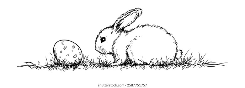 easter bunny looking at decorated egg in hand-drawn line art style