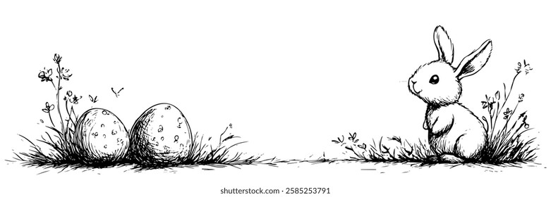 easter bunny looking at decorated eggs in grass vector doodle black sketch illustration