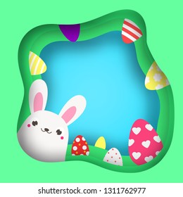 Easter bunny looking out. Colorful Easter banner with cute rabbit character and eggs. Vector template in paper cut, paper craft style with empty space for your text