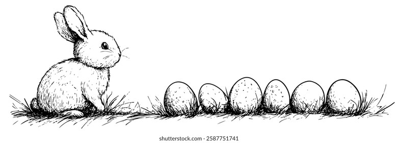 easter bunny looking at row of eggs in hand-drawn line art style