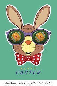 The Easter bunny looks at decorated eggs.