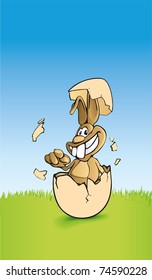 Easter Bunny looks out of broken Easter egg