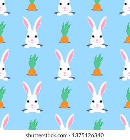 Easter bunny looks out of the hole. Rabbit and carrot child seamless pattern. Can be used for the decoration of the nursery, children's clothing, kids accessories, gift wrapping, digital paper.