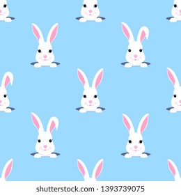 Easter bunny looks out of the hole. Rabbit child seamless pattern. Can be used for the decoration of the nursery, children's clothing, kids accessories, gift wrapping, digital paper.