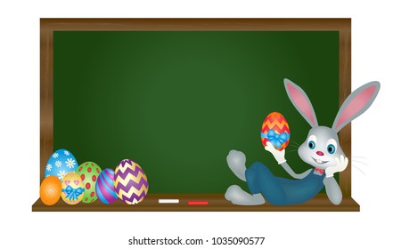 Easter bunny lying across school chalkboard with easter eggs