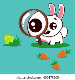 Easter bunny with magnifier glass, egg and carrot. Vector cartoon illustration isolated on background. Cute rabbit character for the holiday.