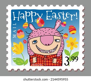 Sello de correo postal del conejito de Pascua con conejito sonriente