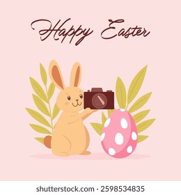 Easter Bunny Making Photo of Easter Egg. Happy Easter Hand Writing. Pastel colors. Vector Illustration