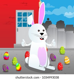 Easter bunny making thumbs up sign with two hands. Vector cartoon character illustration.