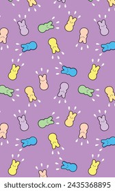 Easter Bunny Marshmallow Candy Seamless Pattern. Pastel Bunnies. Yellow, Pink, Blue, Green, Orange, Purple. Clipart Vector