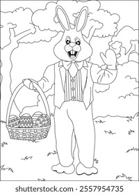 Easter bunny mascot with egg basket vector coloring page
