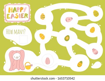 Easter Bunny Maze. Help the rabbit collect all the eggs. Vector childish play illustration of a cute animal in a suit on a green background.