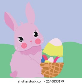 an Easter bunny in the meadow, with a basket of colorful eggs