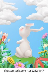 Easter Bunny in the meadow. Spring story. 3d vector greeting card