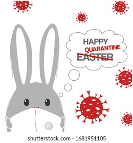 Un conejito de Pascua con una máscara médica.Feliz Pascua. Feliz cuarentena. Coronavirus, enfermedad, aislamiento, trabajo distante y estudio. Celebración Pascua cancelada. Moléculas del coronavirus rojo sobre fondo blanco