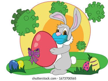 Easter Bunny in medical mask protects from coronavirus holding Easter eggs in grass