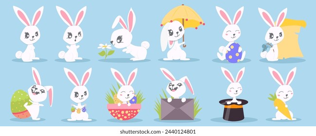 Easter bunny mega set in flat graphic design. Bundle elements of cute white rabbits with umbrella, flower, letters, carrot, traditional decoration eggs and basket. Vector illustration isolated objects