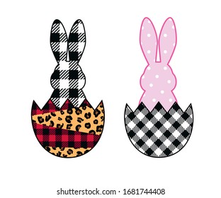 
Easter bunny and mixed pattern eggs .  Leopard, buffalo plaid, polka dots . Easter design elements. Set of  two images.Vector illustration.