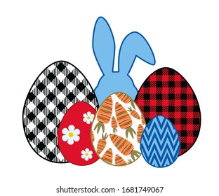 
Easter bunny and mixed pattern eggs .   Buffalo plaid, zigzag, carrot pattern, daisies flowers. Easter design elements. Vector illustration.
  