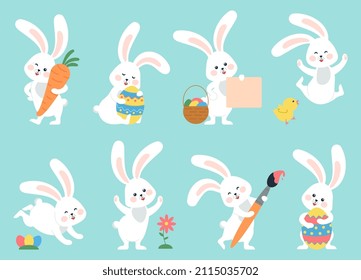 Easter bunny. Modern egg, bunnies for kids standing with placard. Rabbit or hare, spring festive animal with flower and chick. Cartoon holiday decent vector character - Shutterstock ID 2115035702