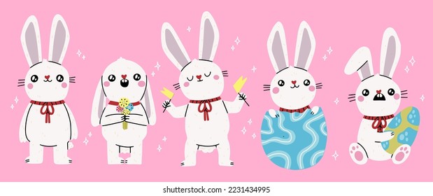 Easter bunny. Modern egg, bunnies for kids standing with egg. Rabbit or hare, spring festive animal with flower and chick. Cartoon holiday decent vector character. Rabbit character set. 