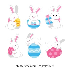 Easter bunny. Modern egg, bunnies for kids. Rabbit or hare, spring festive animal. Cute cartoon holiday vector illustration. Character design.
