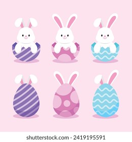 Easter bunny. Modern egg, bunnies for kids. Rabbit or hare, spring festive animal. Cute cartoon holiday vector illustration. Character design.