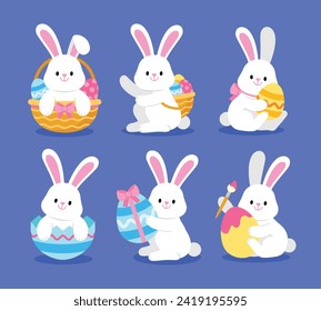 Easter bunny. Modern egg, bunnies for kids. Rabbit or hare, spring festive animal. Cute cartoon holiday vector illustration. Character design.