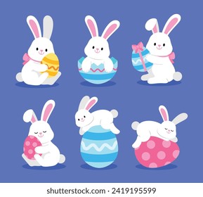 Easter bunny. Modern egg, bunnies for kids. Rabbit or hare, spring festive animal. Cute cartoon holiday vector illustration. Character design.